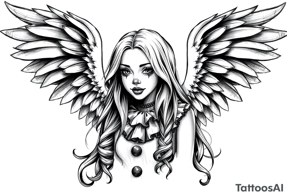 Payasa Clown Girl long hair Angel Wings tattoo idea