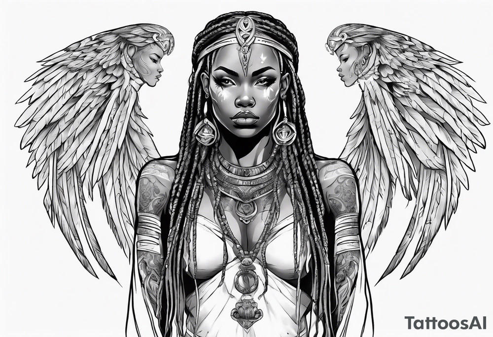 African female valkyre full body angelic
slim face long braided hair descending from heaven tattoo idea