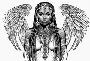 African female valkyre full body angelic
slim face long braided hair descending from heaven tattoo idea