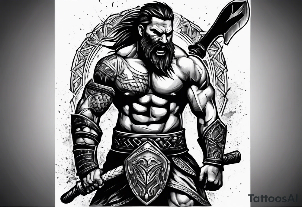 Ripped angry gladiator with axe tattoo idea