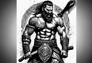 Ripped angry gladiator with axe tattoo idea