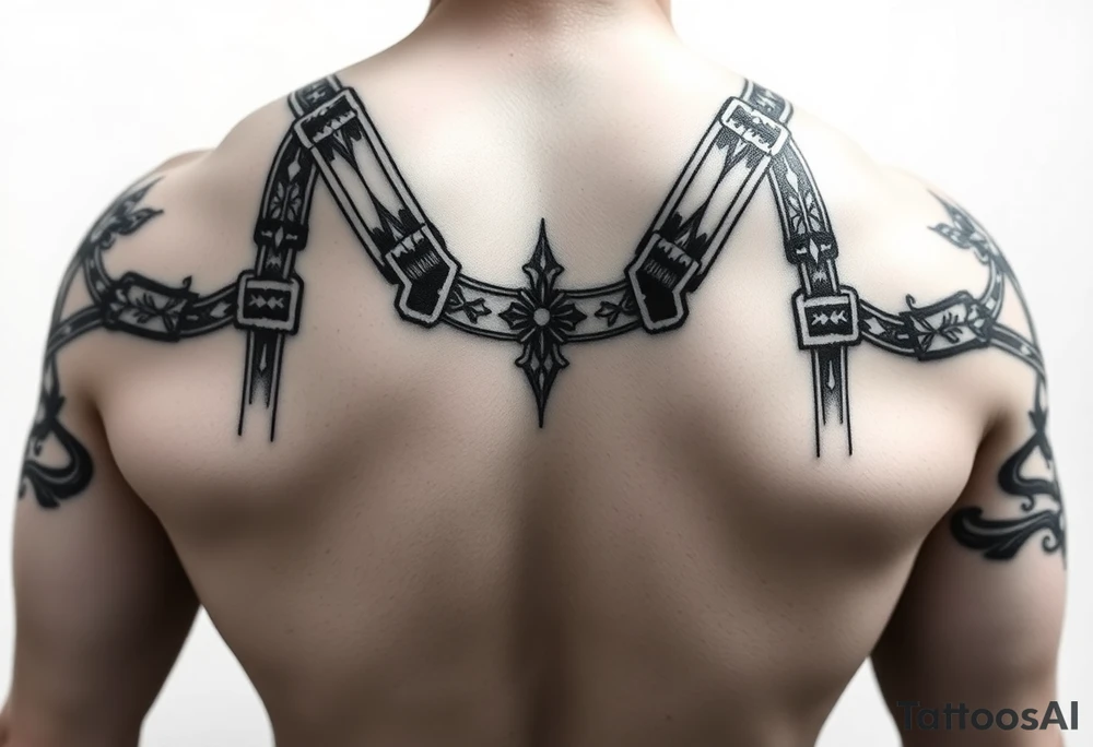 i want a tattoo that goes from the front to the back and and is similar to a harness. with connecting from my pecs to the back and also to my arms so they would be like the straps. i want to see the front and the back. i want it to be styled (the straps) like asian samoan type of pattern tattoo idea