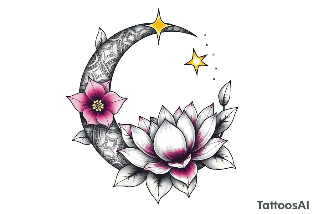 crescent floral moon with lotus flower and celestial tattoo idea