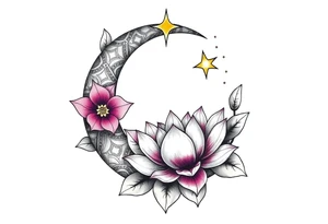 crescent floral moon with lotus flower and celestial tattoo idea