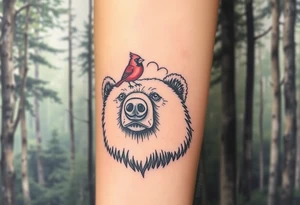 Cardinal sitting on a bear’s nose. The bear looks happy. Forest background tattoo idea
