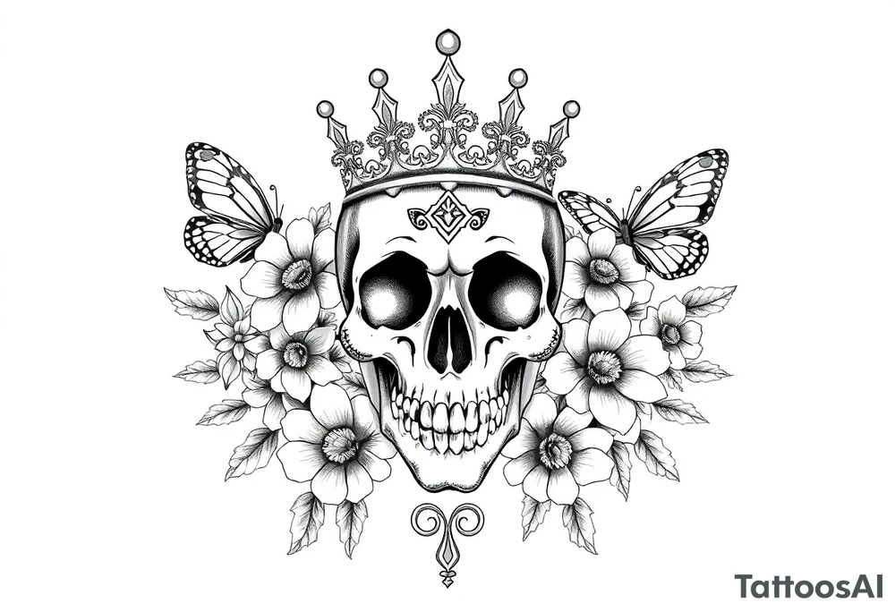 ornate skull adorned with gorgeous crown surrounded by boho flowers and butterflies tattoo idea