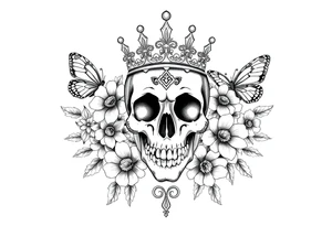 ornate skull adorned with gorgeous crown surrounded by boho flowers and butterflies tattoo idea