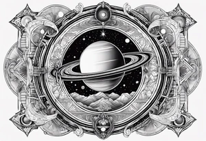 A tattoo with Saturn at the center surrounded by intricate linguistic symbols, reflecting the client's interests in cosmology and linguistics. tattoo idea