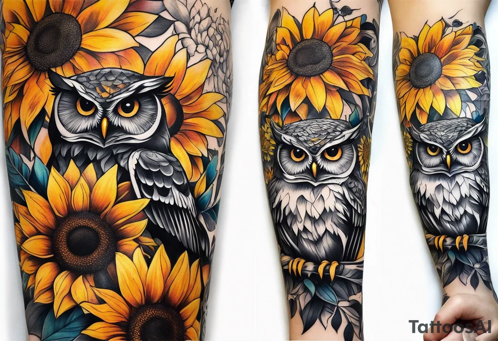 Arm sleeve with colorful sunflowers and an owl tattoo idea