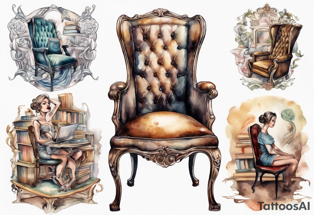 an antique chair in large library with a woman's face emerging from the back of the chair tattoo idea