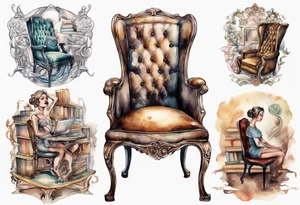 an antique chair in large library with a woman's face emerging from the back of the chair tattoo idea