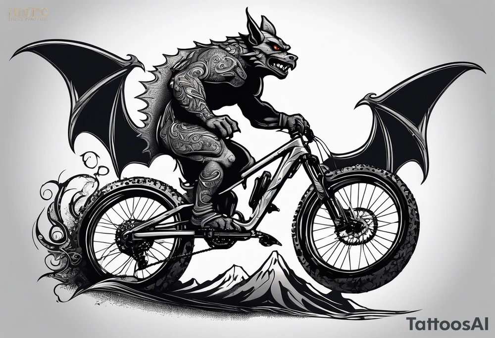 gargoyle riding a full suspension mountain bike with a shadow tattoo idea