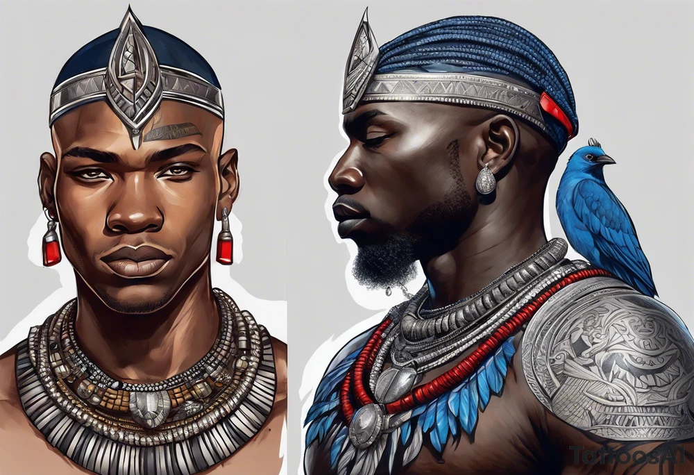 Black-skinned bald african warrior. He wears a simple and small silver crown. He uses blue and red necklaces tattoo idea