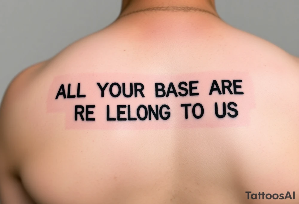 "Tattoo of a corrupted .txt file:  
Visible text: 'ALL YOUR BASE ARE BELONG TO US'  
Corrupted parts: 'IFUCK10' repeated in hex-code.  

Style: Data moshing. Black ink, forearm." tattoo idea