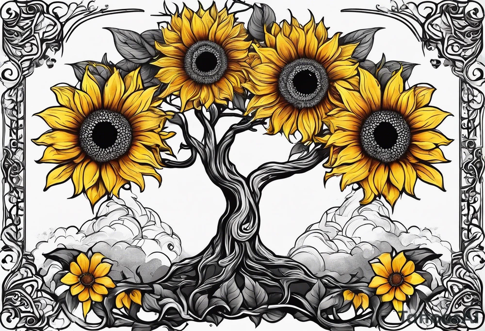 Feminine Yggdrasil tree with two sunflowers tattoo idea Feminine Yggdrasil tree with two sunflowers tattoo idea