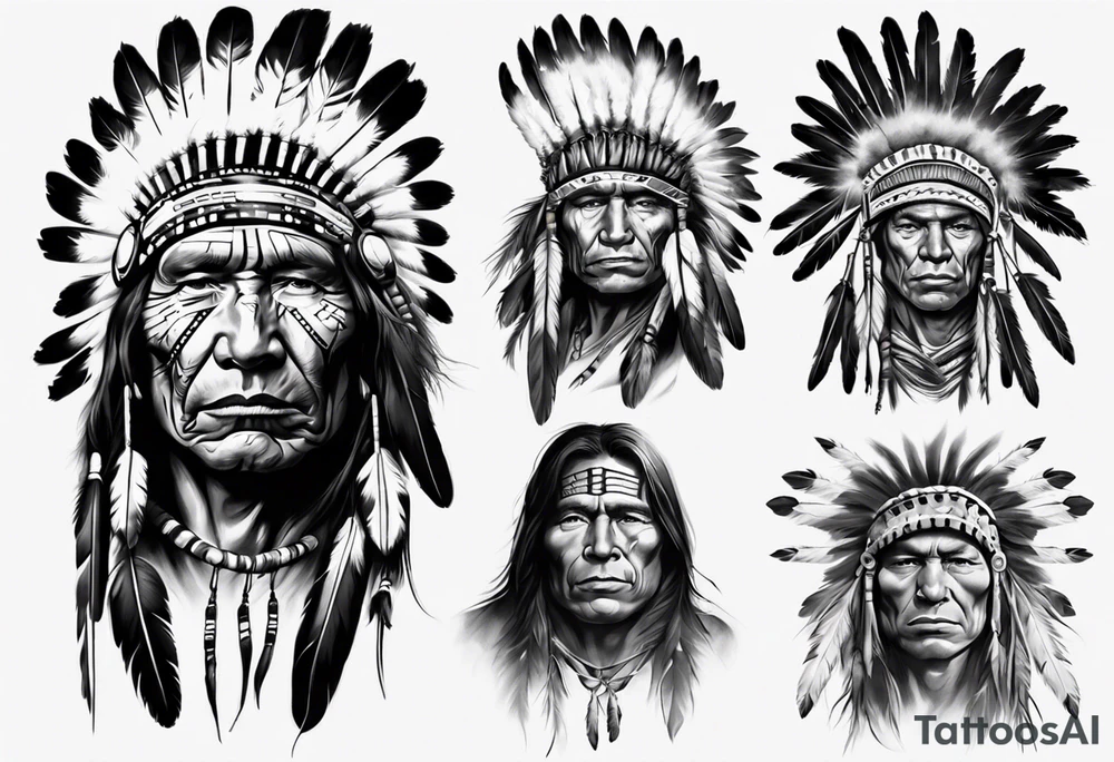Native American theme man face realistic sleeve tattoo idea