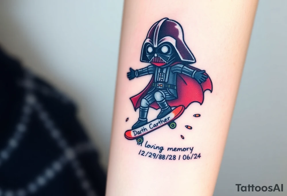 Darth Vader skateboarding > bullets > in loving memory > colors
add words "Darth Carter" to skateboard
add date 12/29/88-01/06/24 tattoo idea