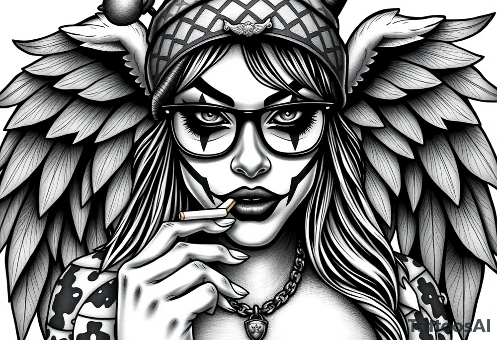 Chicana sexy chunky plus size beautiful long hair clown makeup angel wings thug beanie eyeglasses smoking a cigarette tattoo idea