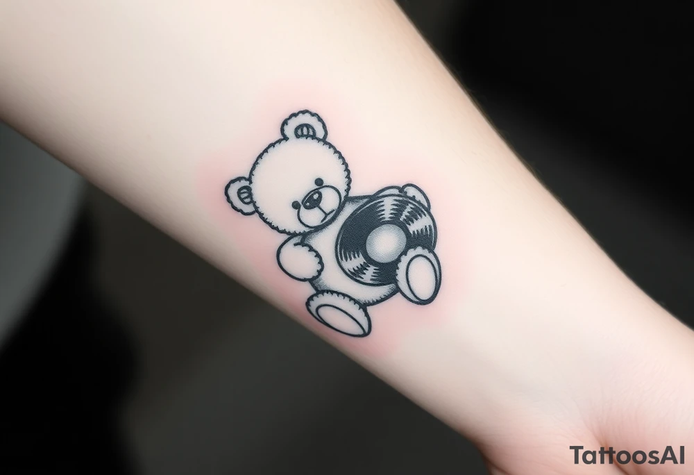 minimalist teddy bear holding a vinyl record tattoo idea