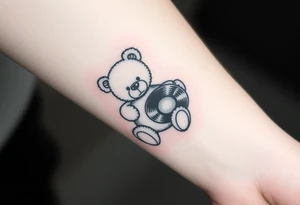 minimalist teddy bear holding a vinyl record tattoo idea
