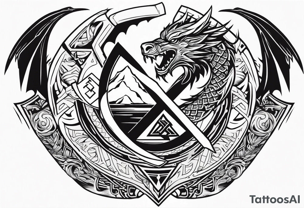 Valhalla sword shield dragon axe Valknut tattoo idea