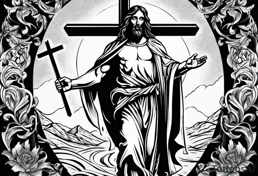Jesus and man walking with cross tattoo idea