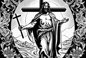 Jesus and man walking with cross tattoo idea