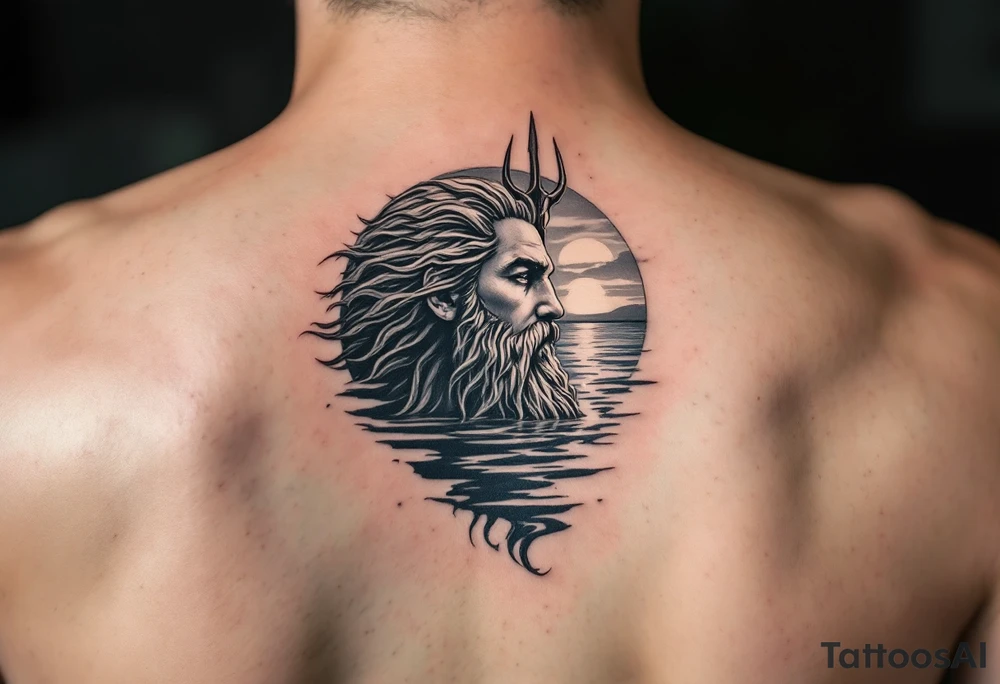 Poseidon half way under calm water with trident at sunset tattoo idea