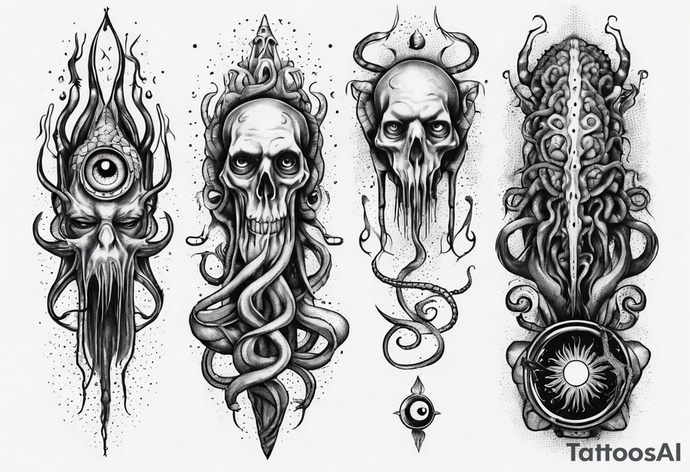 lovecraft long tattoo to put on the forearm, with eye and tentacle tattoo idea