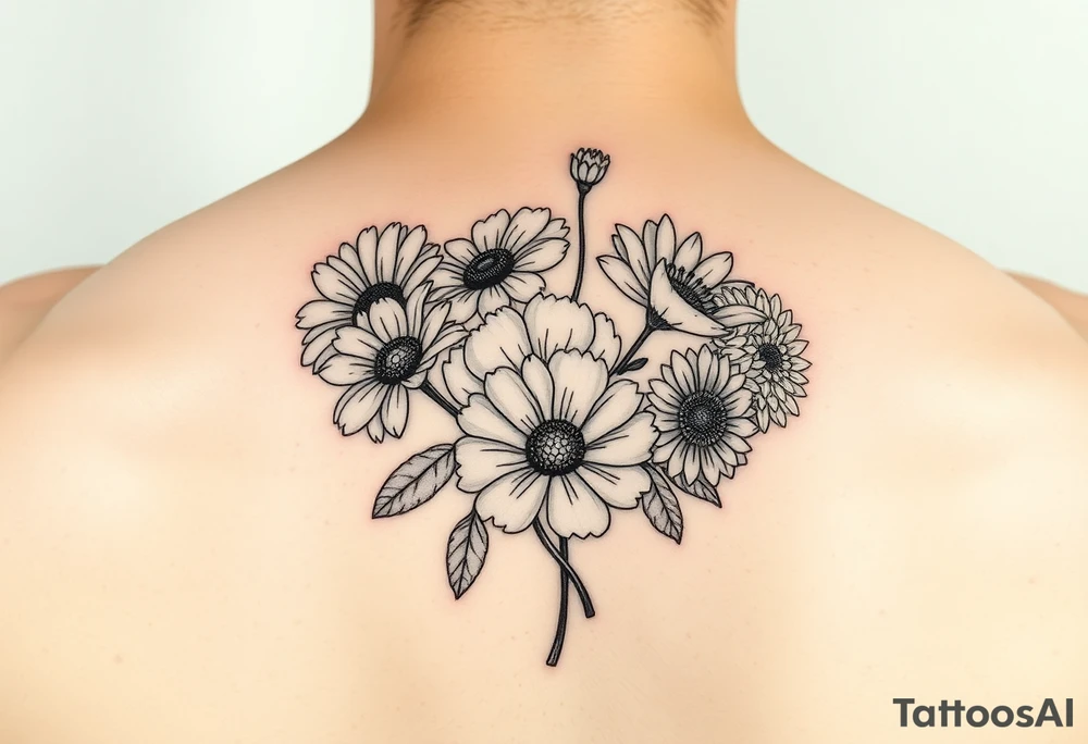 Simple line tattoo of flower bouquet in order of these flowers, daisy, cosmo, poppy, chrysanthemum, cosmo tattoo idea