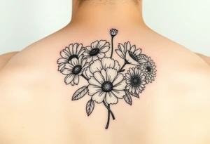 Simple line tattoo of flower bouquet in order of these flowers, daisy, cosmo, poppy, chrysanthemum, cosmo tattoo idea