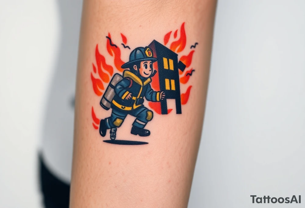 A firefighter running towards a burning building, with dramatic shading in deep oranges, blacks, and grays. tattoo idea