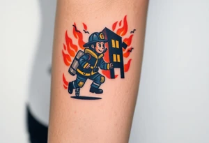 A firefighter running towards a burning building, with dramatic shading in deep oranges, blacks, and grays. tattoo idea