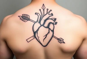 anatomical heart pierced by ornate arrow with flowing ribbons tattoo idea