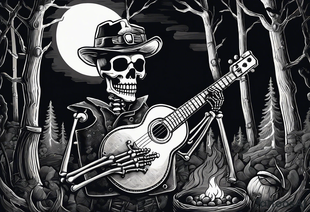Foreground: The skeleton in a coal miner's hat, animatedly playing the banjo. The light from the campfire illuminates the skeleton and the nearby surroundings, casting intricate shadows.
Midground: The glowing campfire, with flames realistically designed in black and grey shades to emphasize movement and light.
Background: Subtle outlines and shading of rhododendron plants, giving a natural and dense feel to the woods. These can be stylized to blend seamlessly with the style of the tattoo.
Sky: A night sky speckled with stars, adding depth and a sense of time to the scene, with the stars providing a contrast against the dark sky. tattoo idea