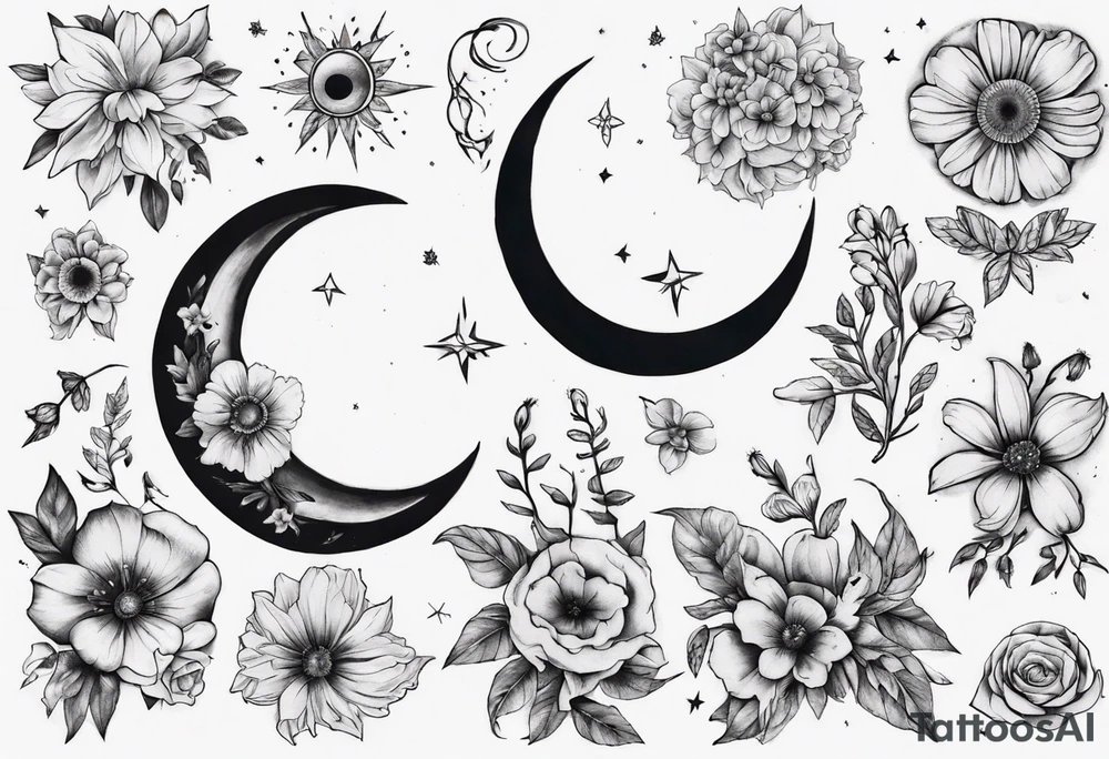 moon with flowers around it tattoo idea