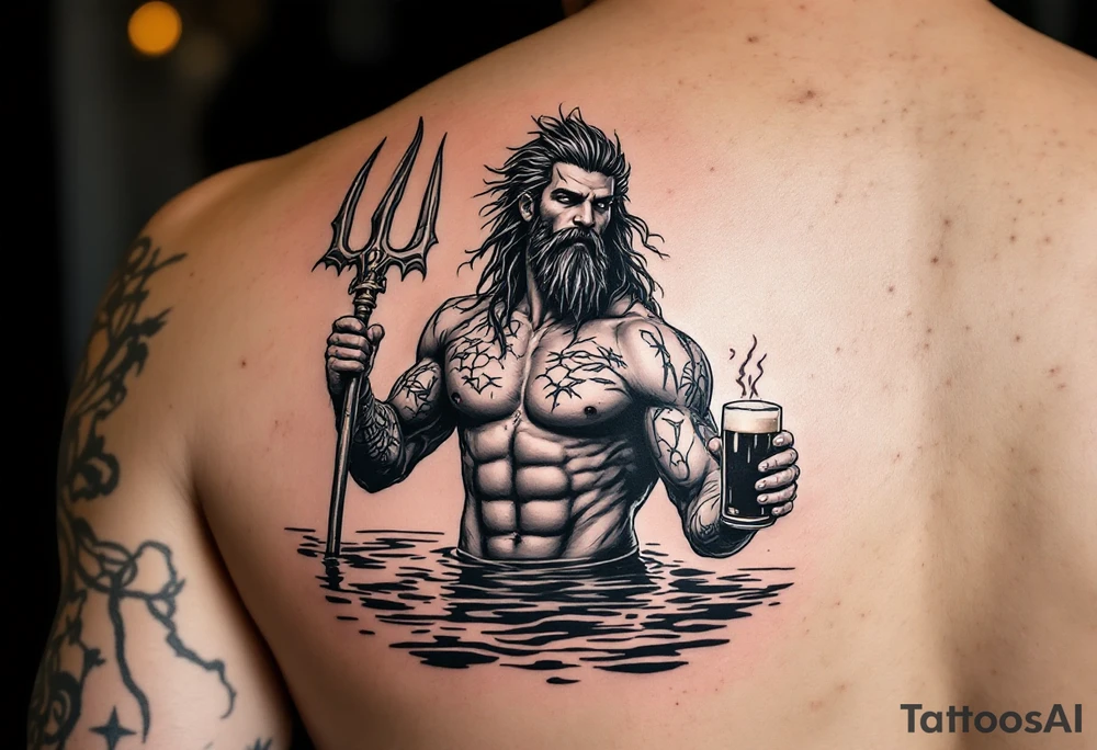 young, fit poseidon in calm water, holding a trident, drinking a beer, with a foot tattoo on his bicep tattoo idea