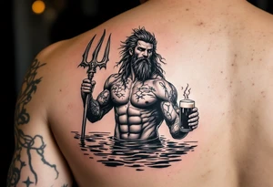 young, fit poseidon in calm water, holding a trident, drinking a beer, with a foot tattoo on his bicep tattoo idea