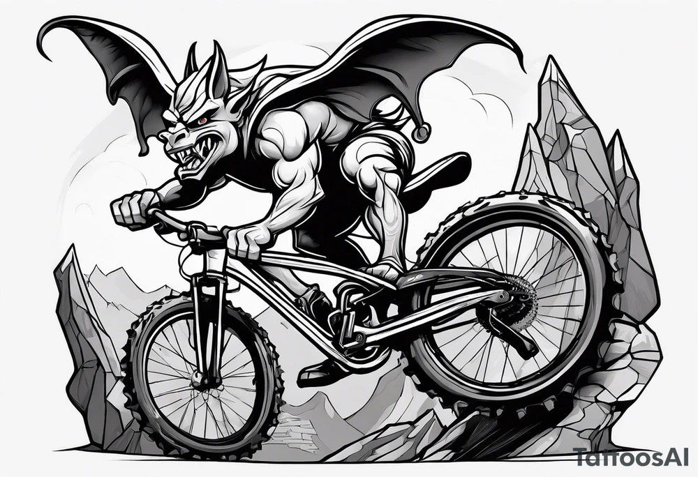 gargoyle riding a full suspension mountain bike with a shadow no background tattoo idea