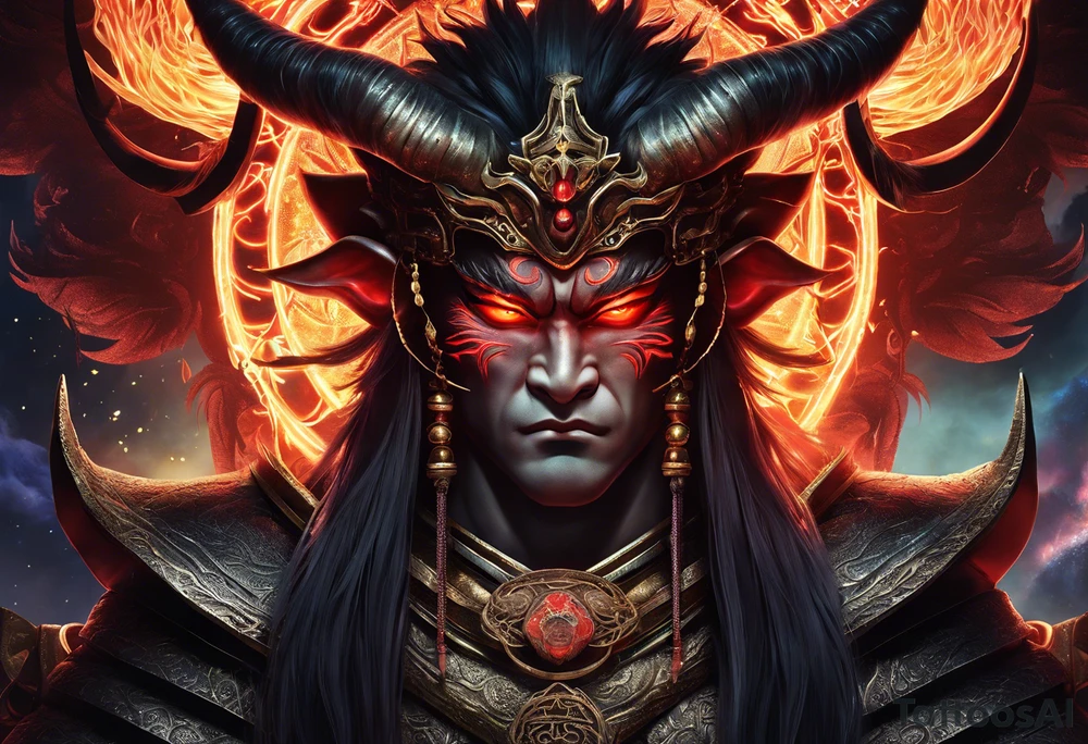 A majestic demon king with devilish features placed above torii gate is depicted in this realism image. The king's deep-set glowing galaxy-styled large eyes give off an aura of power and mystery. The king's head is acting as dreamcatcher and has braids styled like predator, with 2-3 ending with flame-styled feathers. The king's face is intricately dotted in narsimha/ rudra symbols. The head has a crown shaped blue and orangish flames with intricate and prominent koru maori symbols in the shape of trishul/ trident. The image is filled with vibrant colors, with deep blue, purple, and violet, with bright orange and yellow. This face bust (only face) is atop of a torii gate which is in a brush stroke style, somewhat visible. The king looks regal and powerful. tattoo idea