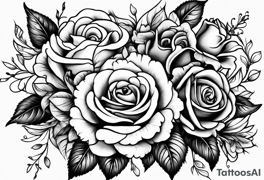 wrap around with roses, larkspur, carnation, and daisy tattoo idea