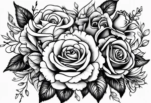 wrap around with roses, larkspur, carnation, and daisy tattoo idea