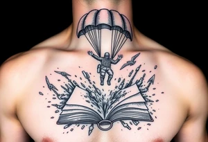 A parachuting soldier landing into an open book. Chaos surrounding, but the book is protecting the soldier from it. On the chest. Make it smaller. Thought provoking tattoo idea