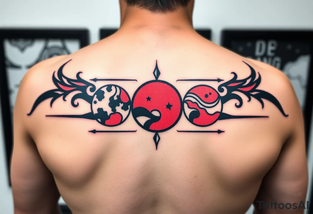 three horizontal planets. Color Black and red with more black tattoo idea