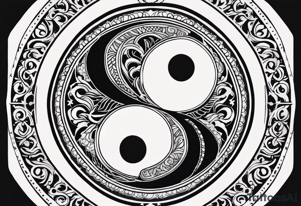 An ying yang tattoo with ouroboros forming this ying yang. And make the background after the ouroboros a mandala fading out. the ying yang goes in the center, the ouroboros delimita the ying yang and the mandala after. Everything is concentric tattoo idea
