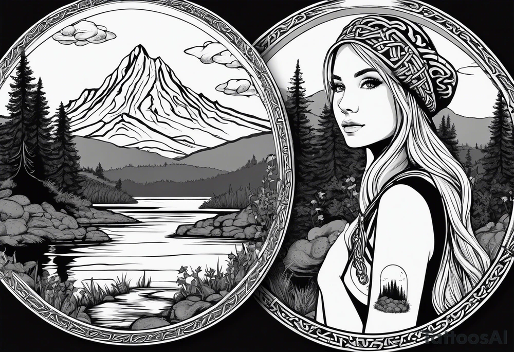 Whole picture encircled fully

Straight long blonde hair celestial girl in distance holding mushrooms in hand facing away toward mountains and creek surrounded by mushrooms long sleeve shirt and hiking pants; whole rendering within a full celtic circle border, no cut off circle tattoo idea