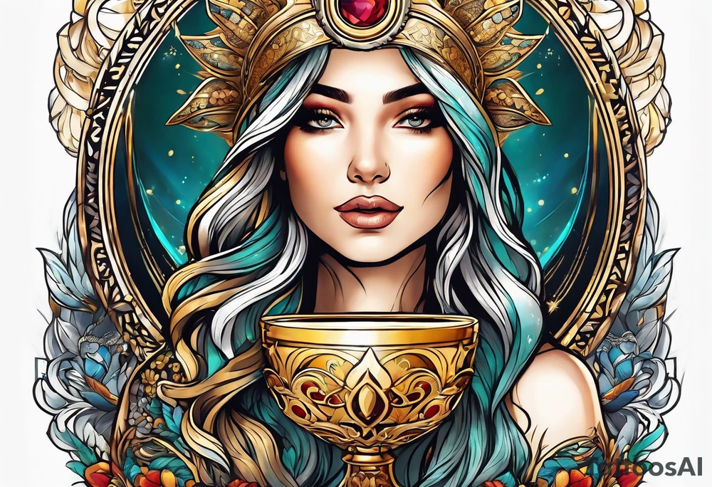 woman holding chalice surrounded by golden halo tattoo idea