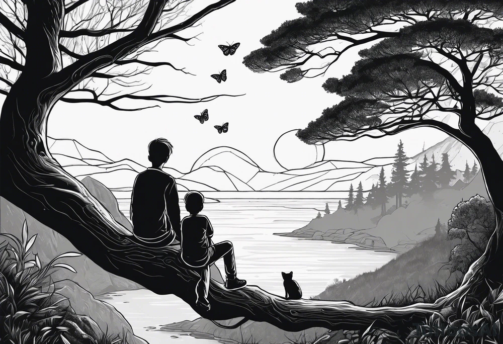 Two siblings watching a starfall by the sea. They are sitting on a tree branch in the woods and having an beutiful butterfly by There side tattoo idea