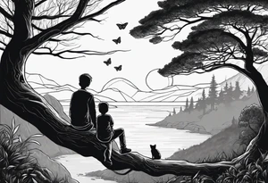 Two siblings watching a starfall by the sea. They are sitting on a tree branch in the woods and having an beutiful butterfly by There side tattoo idea