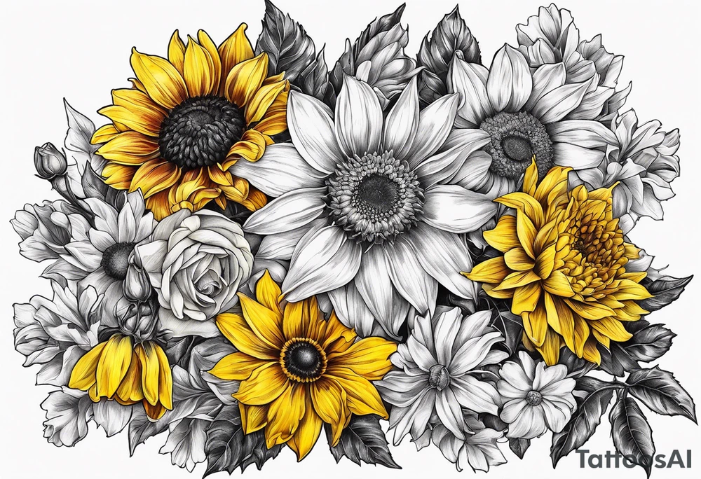 Sunflower daffodil, daisy, rose Adler, chrysanthemum, holly tattoo idea